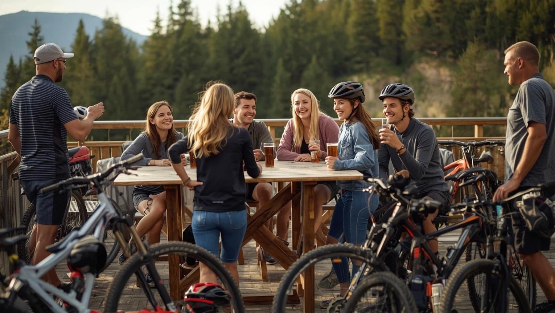 Rideuses attablées en terrasse face aux montagnes